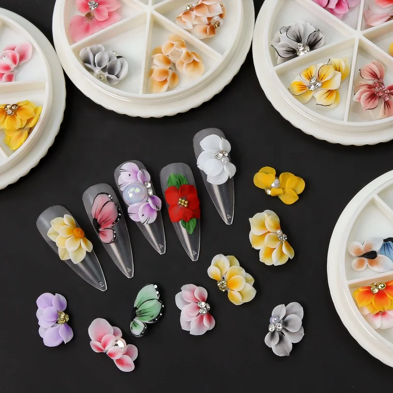 Hand Made Acrylic Flower Nail Art Decoration Kawaii Cute Butterfly Charms 3D Simulation Carved Floret Flower Nail Charm