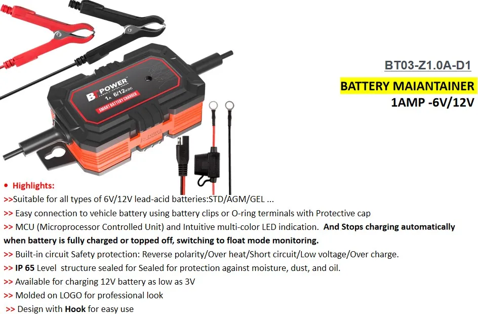 6V / 12V 1A battery Charger/ maintainer for car  motorcycle truck,
