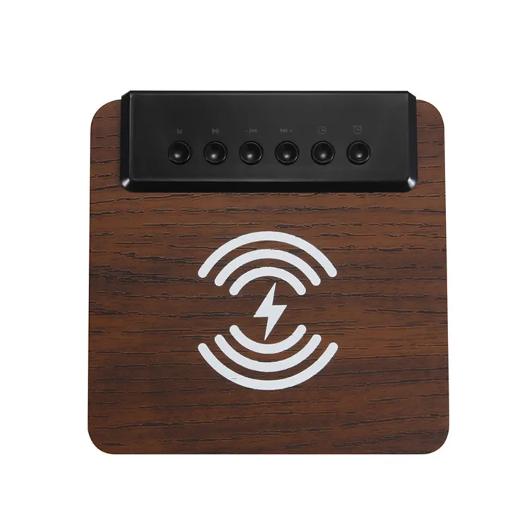 Manufacturers wholesale selling wireless mobile phone charger wood grain bt speaker alarm clock LED display FM radio speak