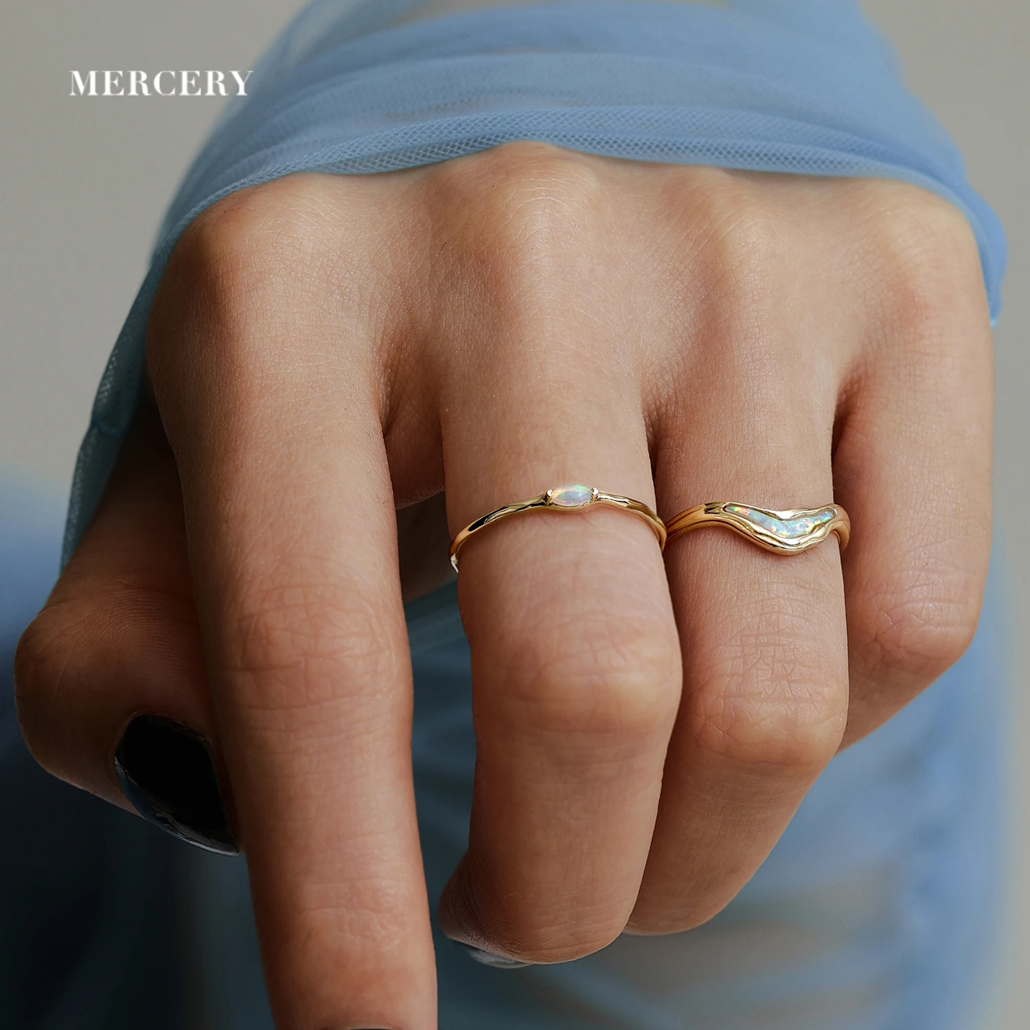 Mercery Ethiopian Opal Oval Cut Bezel Setting 14k Solid Gold Curved Wave Band Stack Ring Unique Design Real Gold Jewelry Rings