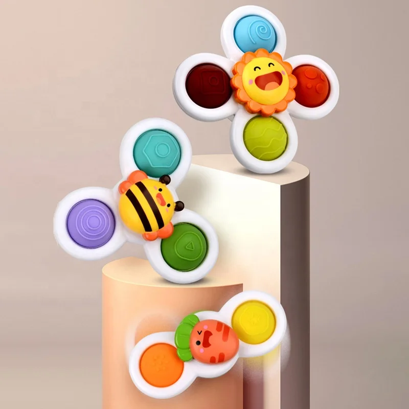 3PCS Cartoon Animal Suction Cup Spinner Toy Baby Bath Toys Hand Spinning Anime with Sucker Water Play Toys for Baby Kids Gift