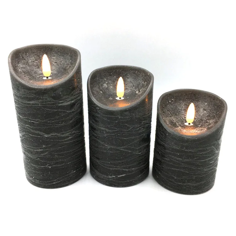 Electric Wickless Pillar Battery Operated Flickering Timer Set of 3 Realistic Flameless Black LED Candles with Remote Control