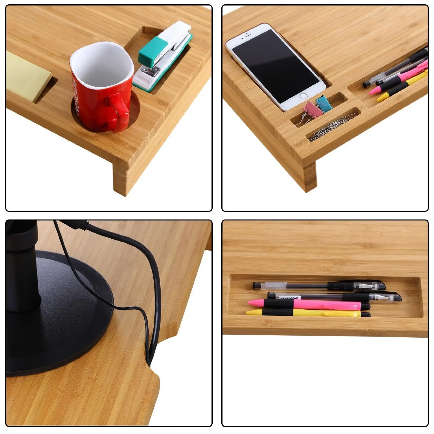 Wholesale Office Accessories Bamboo Desk Organizer with Tablet Phone Holder Monitor Stand Riser