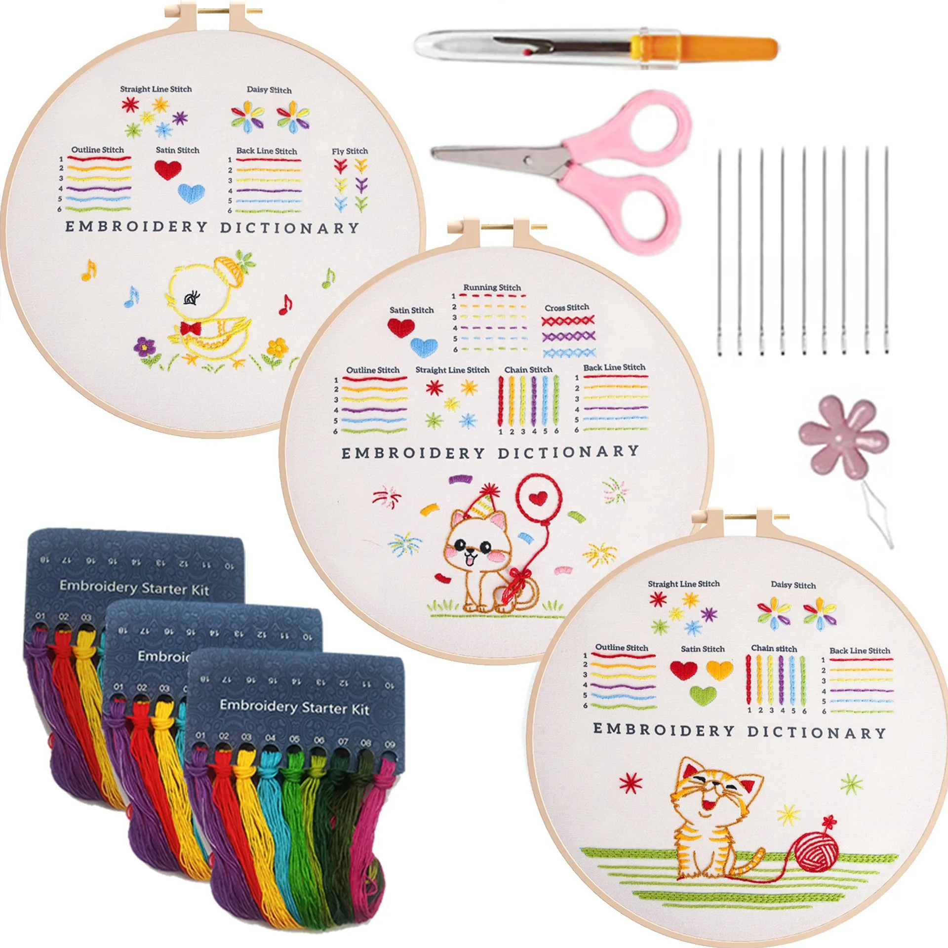 3 Sets Embroidery Stitches Practice Kit Hand Embroidery Kit for Adults Kids Beginners