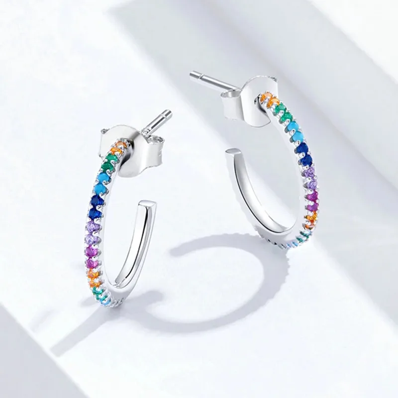 Huitan Newest Wholesale Shiny Hook Multi Color Rectangular CZ Crystal Fashion Jewelry Sliver Bohemian Earrings Hoop for Women