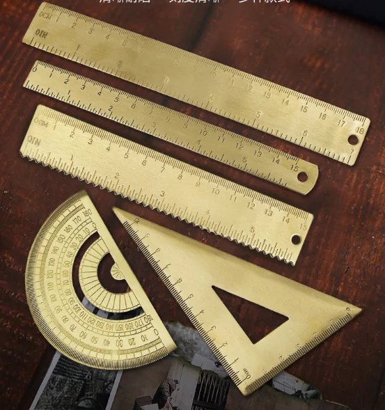 Brass triangle ruler copper ruler caliper retro semicircle gauge protractor triangular plate wave ruler