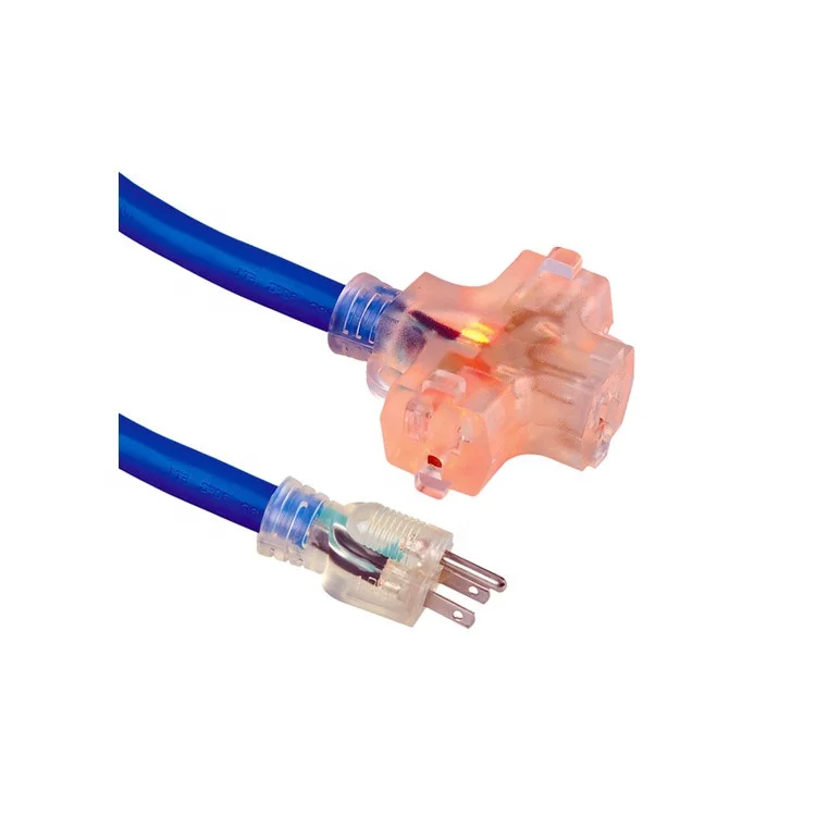 50FT SJTW 12/3 Gauge Lighted Outdoor Triple Tap Plug Extension Cord PVC Power Cord NEMA 5-15 3pin Plug 100% Copper Color Sleeve