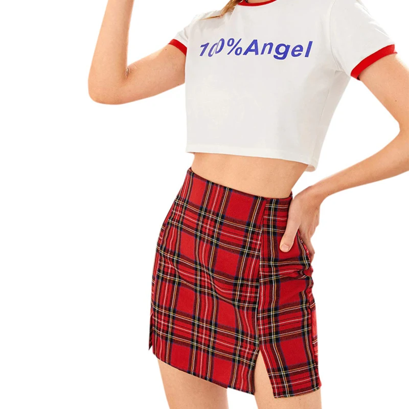 New Arrival Fashion Custom Logo Women High Waist Split Front Zip Up Bodycon Skirt Red Plaid Mini Skirt