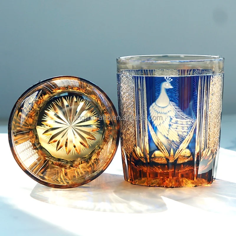 240 ml Pair Of Green Blue Hand Carved  Whiskey Glasses Peacock Edo Kiriko old fashioned glass with gift box for Brandy Bourbon