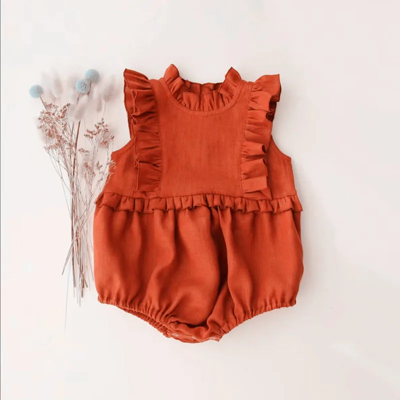 2023 Summer Linen Cotton Newborn Baby Girl Sleeves Ruffles Romper Suits