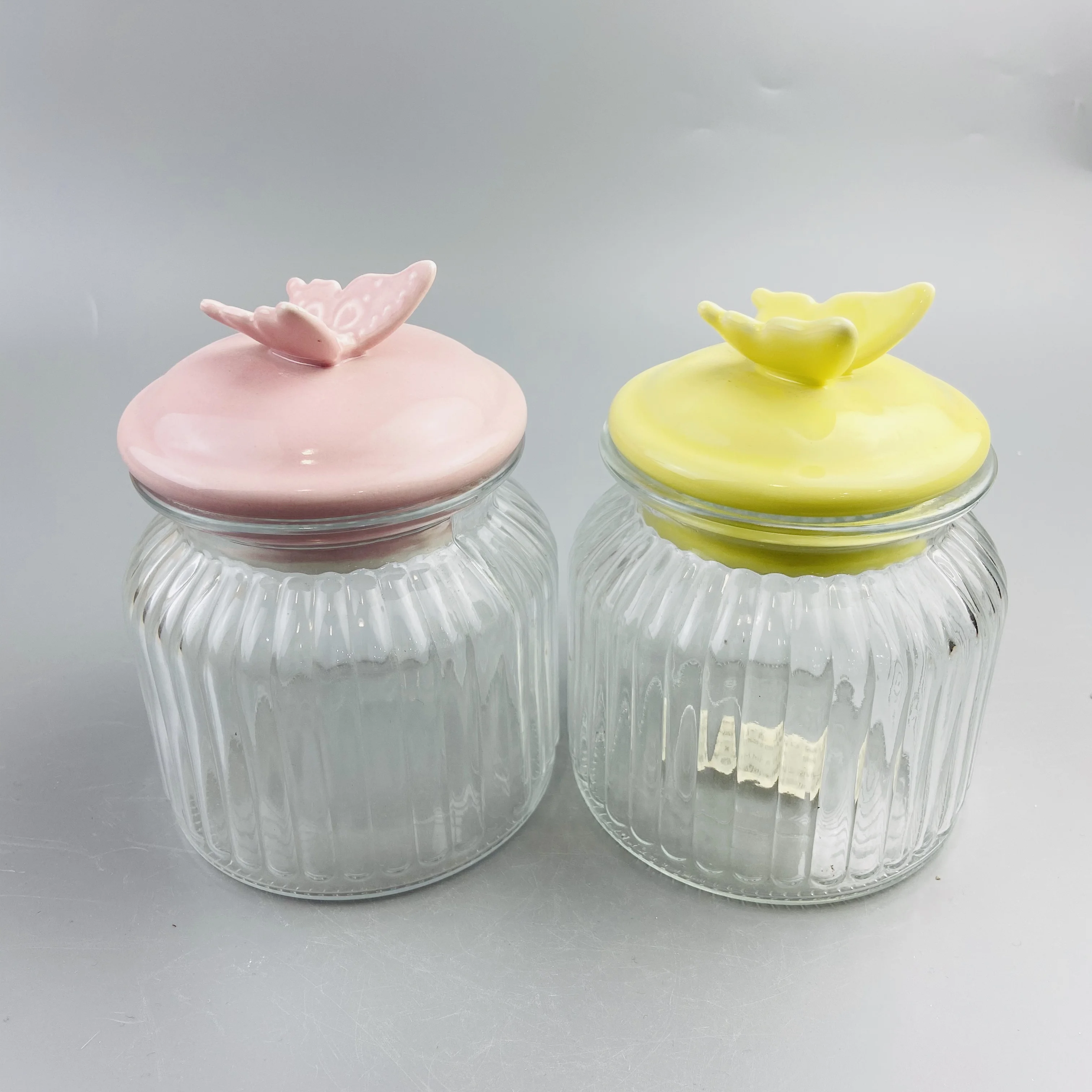
Hot sales porcelain butterfly decor glass jars and containers with lid 