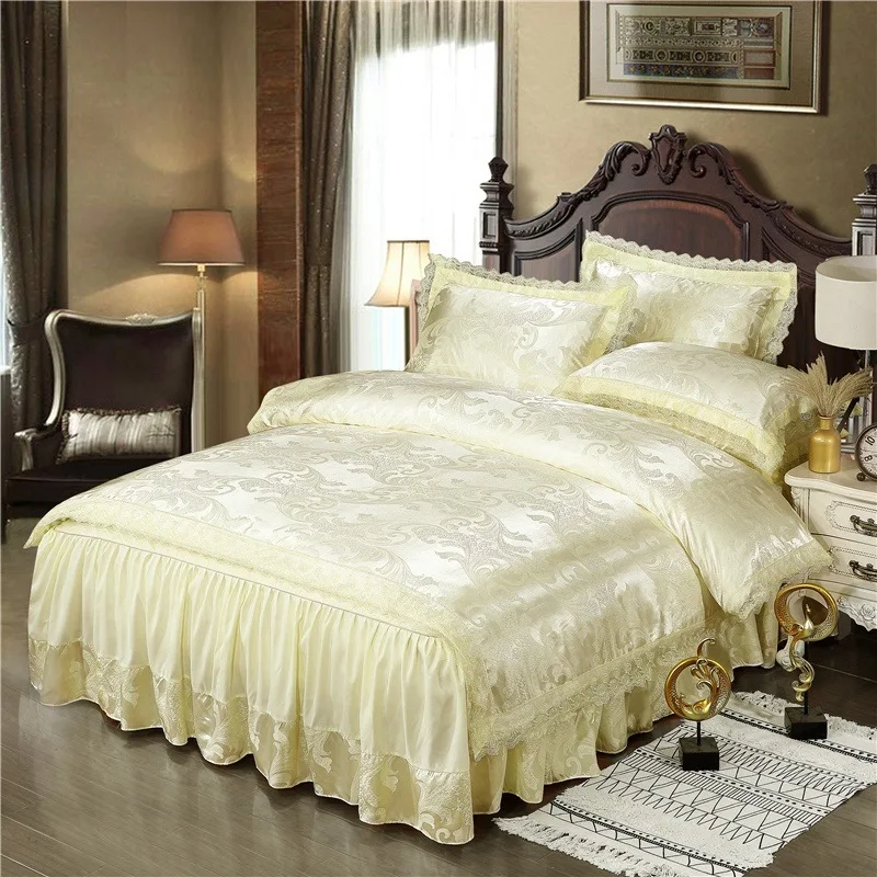 Floral Jacquard Faux Silk Bedding Sets Bedspread Customize Duvet Cover Bed Skirt Sheet European