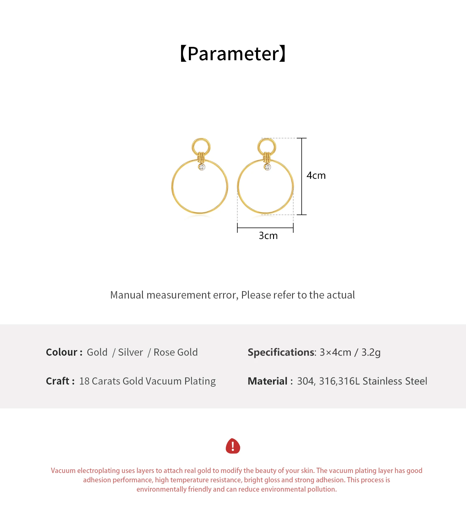 Factory Customized Stainless Steel 18K Gold Plated Simple Zircon Three Rings Pendant Hoop Large Earrings