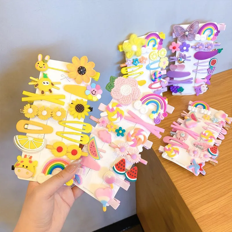 New Design 14Pcs/Set Cartoon Candy Color Cute Hair Barrette Rainbow Cloud Lollipop Hair Clip Pin Accessories Set For Kids Girls