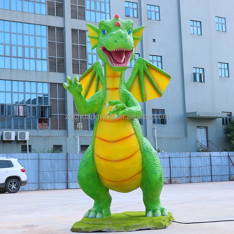 Cute Displays Children Amusement Green Animatronic Cartoon Dinosaur Animal Dragon Moving Sculpture