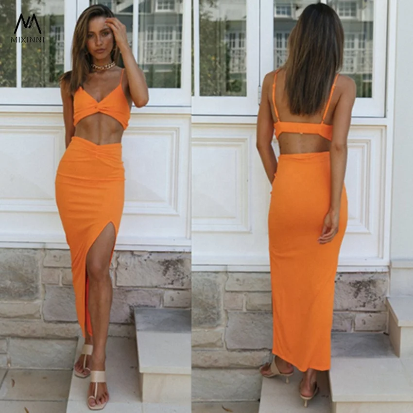 MXN 1039 V-neck suspenders two piece set,sexy split long skirt casual holiday ladies suits,Hollow out party dress beach dress