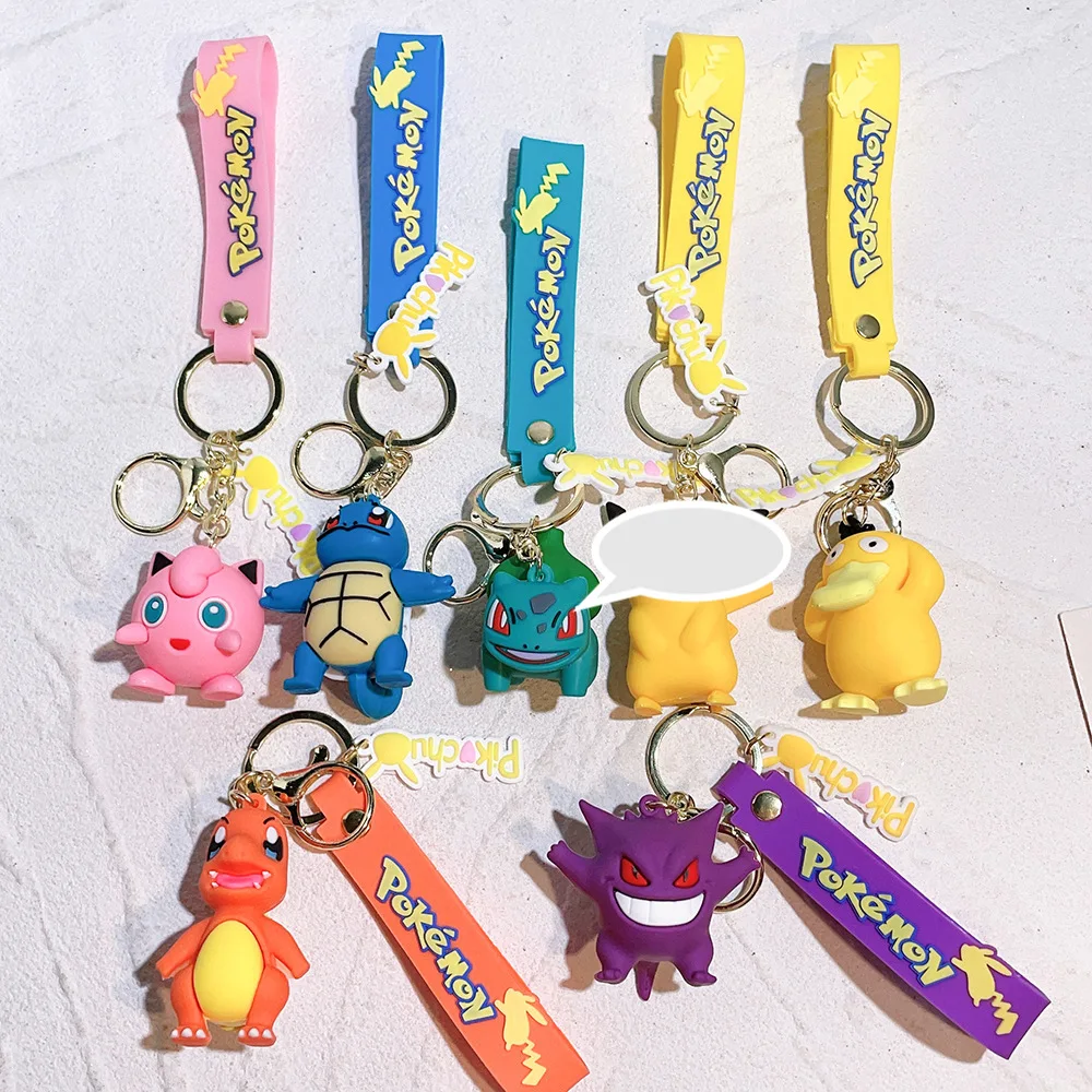 Cheap 3D Rubber Pocket Monster Animation Key Chain Squirtle Cartoon Pendant Silicone Pokemoned Keychain For Children Toy