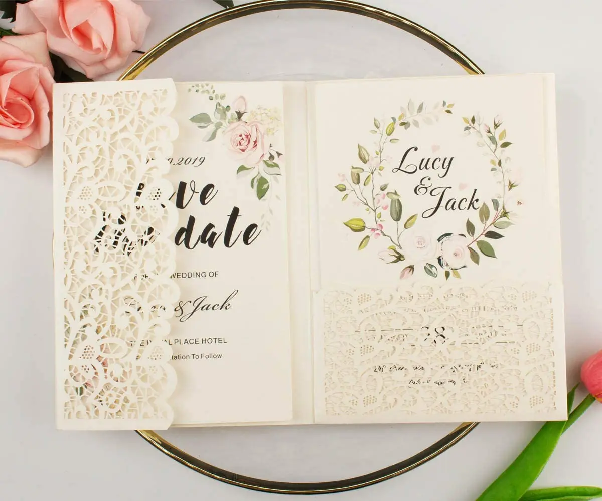 europe style germany wedding invitation card Burgundy Vintage Tri Fold Laser cut Hollow pocket invitaciones de boda