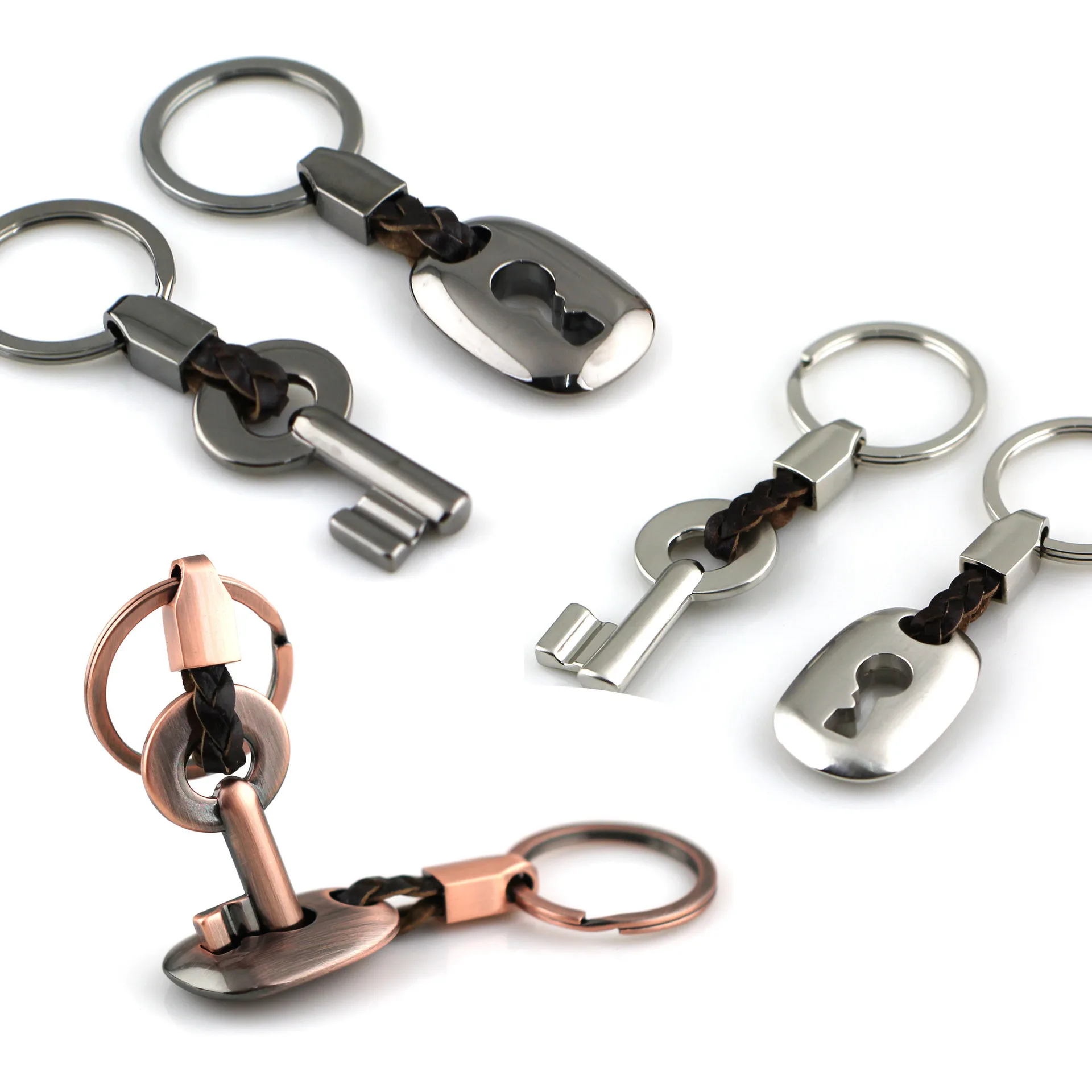Custom metal couples keychain Leather Rope Key Lock shape pair Key holder Wedding Gift Simple Car Keychain