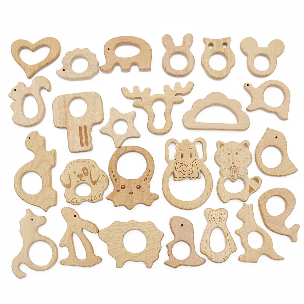 Wholesale Animal shaped Toddler Wood Teething Custom Natural Beech Beads Wooden Teethers for Teething Baby Teether