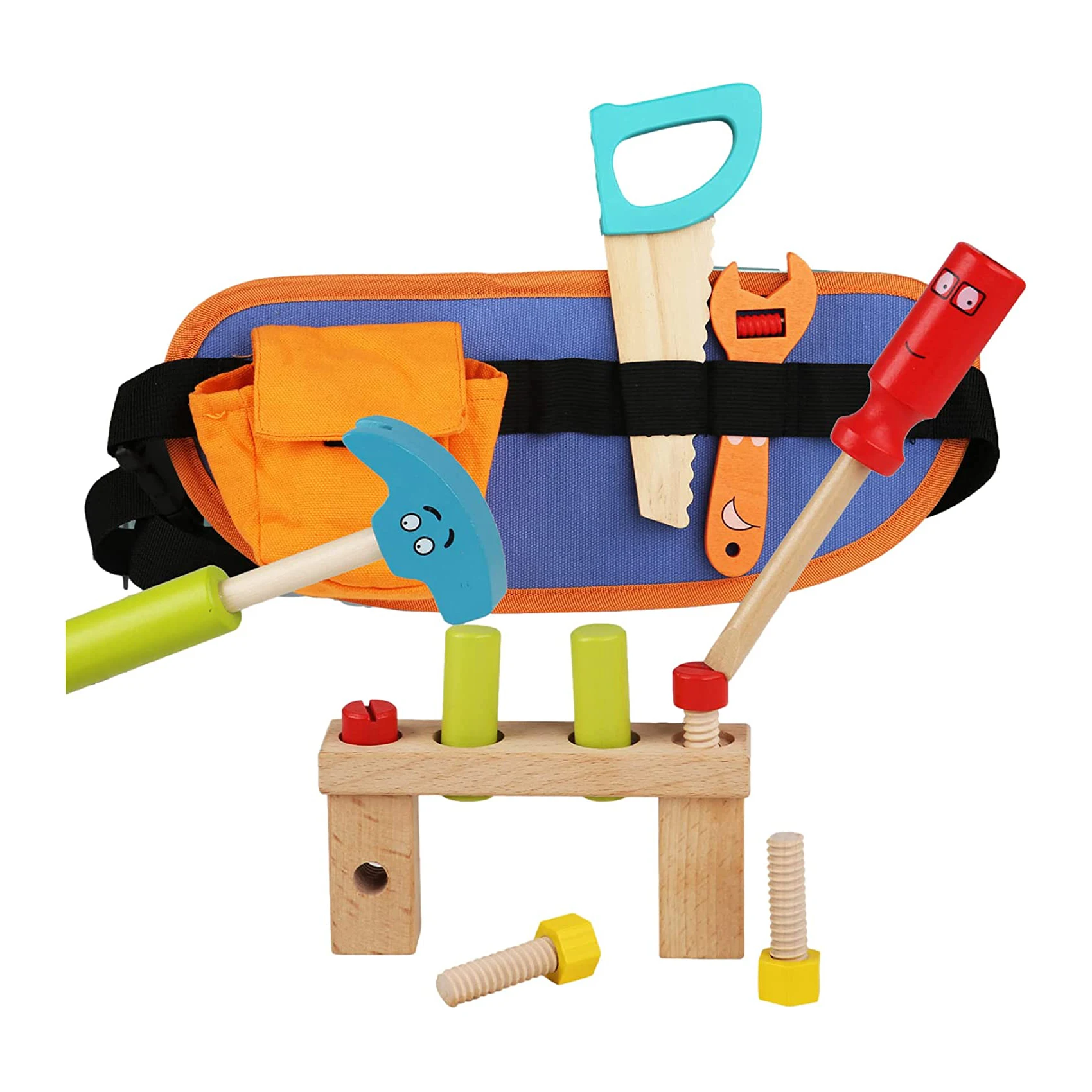 Safe Material Wooden Tool Set with Adjustable Tool Belt for Toddlers Preschool Montessori Accessories Convenient to Carry