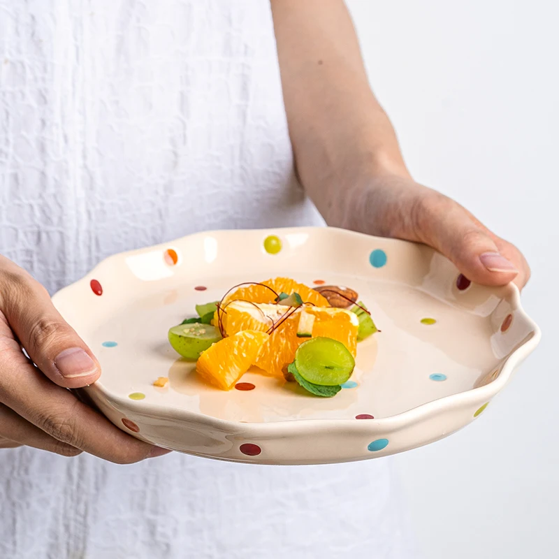Hand Painted Polka Dots Cute Ceramic Dishes Casual Round Shape Cake Plates Sets Dinnerware