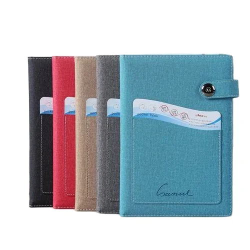 Custom logo A5 linen PU leather hardcover notepad journal notebook with phone pocket and magnet closure
