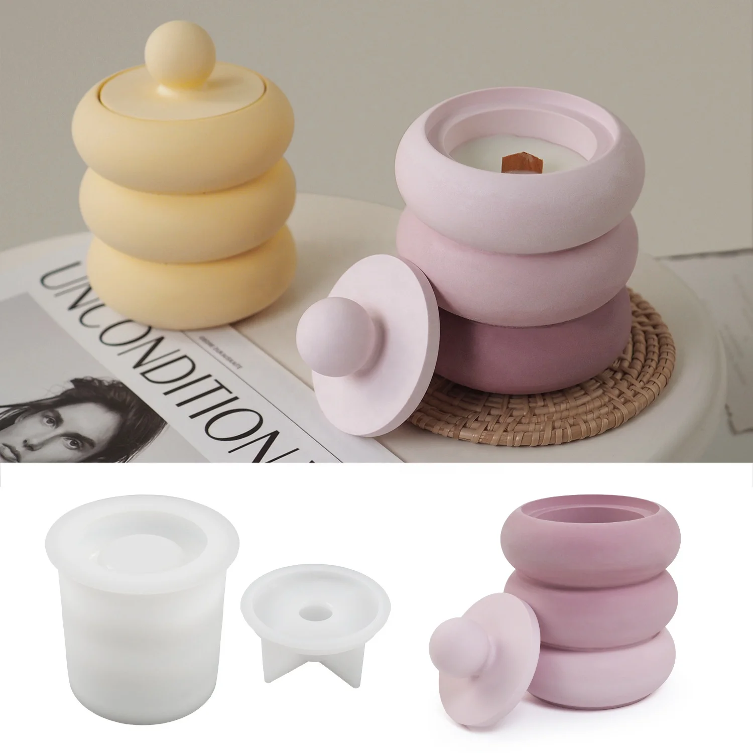 CARATTE Donut Round Concrete Resin Candle Holder Silicone Mold with Lid Cement Jesmonite Mould