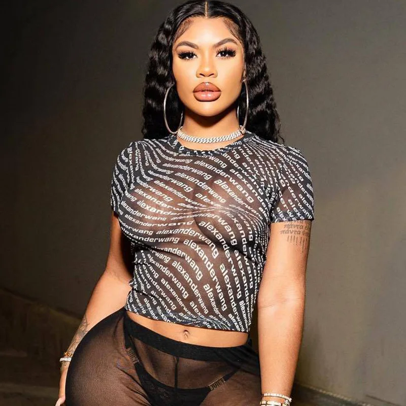 See Through Mesh Tshirt Crop Tops Print Ladies Short Sleeve for Women Clothing Woman Casual Crew Neck Print Pattern
