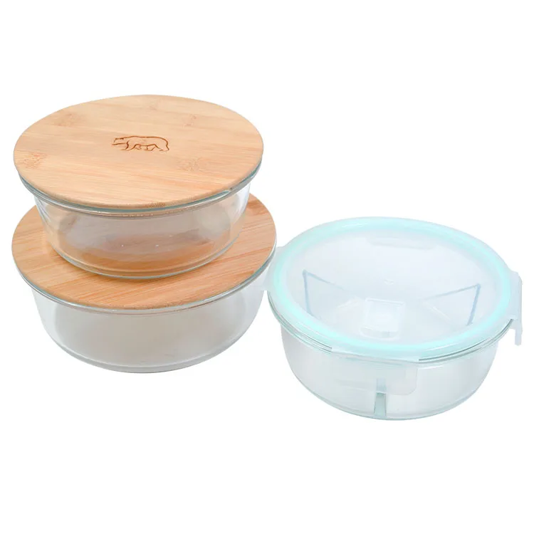 Air Tight Round High Borosilicate Glass Meal Food Prep Storage Containers Set 3 Compartment With Lids