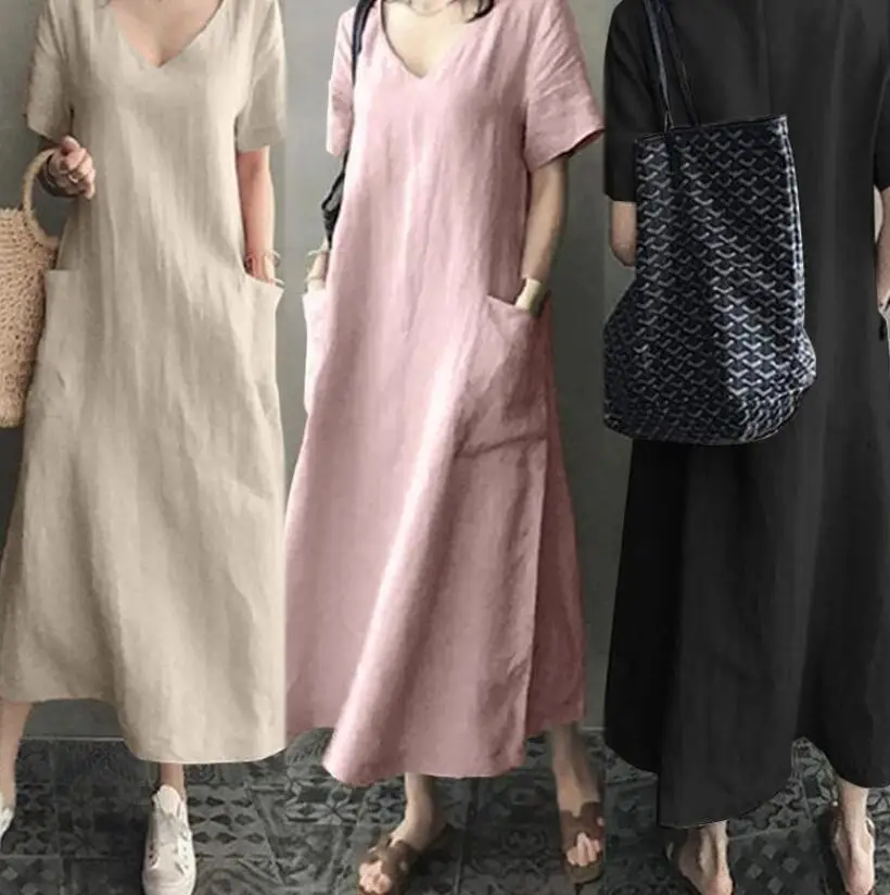 2024 новое платье с V-образным вырезом для похудения большими карманами и короткими рукавами свободное большого размера женщин