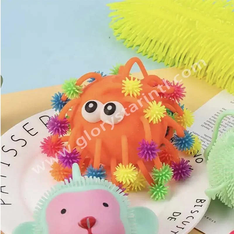 Big size macaron color TPR LED light up squishy soft stress ball toy stress cute hairy toy glowing yoyo puffer flashing ball toy