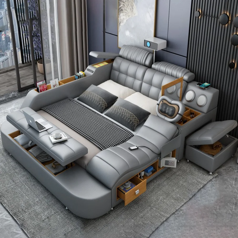 2023 Customizable Multifunction Storage Bed Wood Bed Solid with Massage Music Design of Leather 1 Piece Stainless Steel Modern