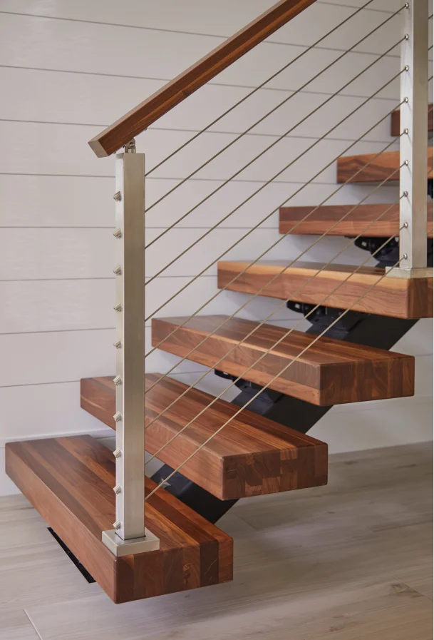 Modern wooden staircase steel-wood straight stairs with wire rope for home