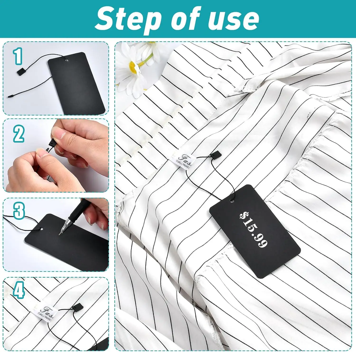 500 Set Black Price Tags with String  Writable Label Hang Tagwith Safety Pins