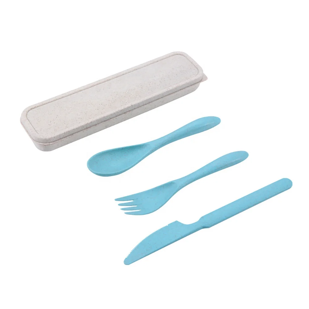 Cheap Price Popular Products 2021 Wheat Straw Knife Fork Spoon Tableware Three Piece Set Portable Tableware Set Plastic Travel G