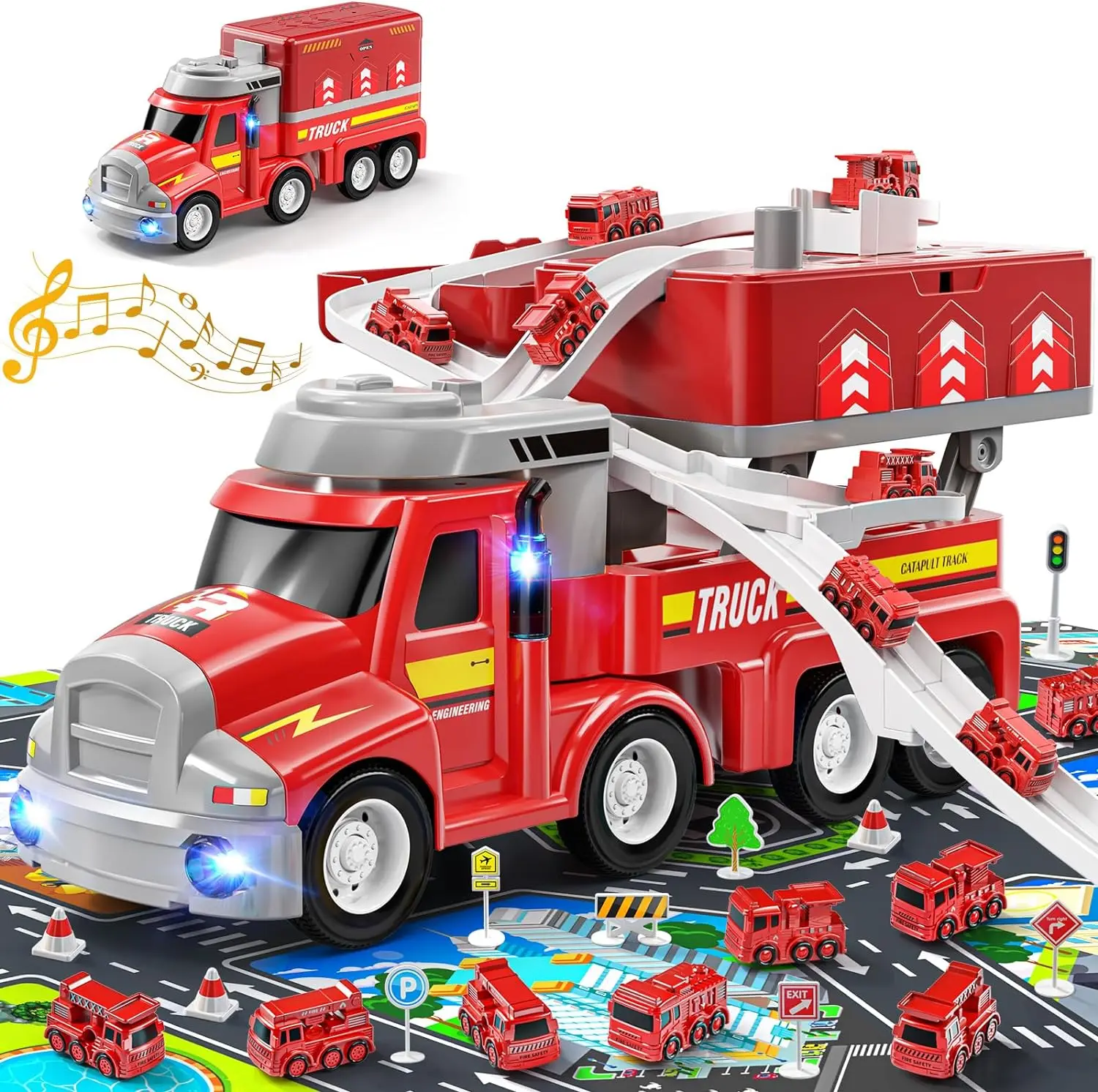 TEMI Fire Truck Kids Toys for 3 4 5 6 Year Old Boys, Car Carrier Toy with 8 Mini Vehicles, Movable Truck Station Toys Race Track