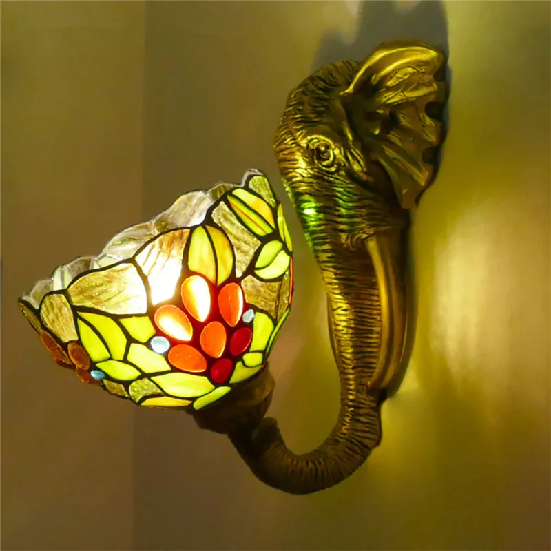 Tiffany Elephant Wall Lamps Vintage Bedroom Bathroom Mirror Front Lamp Hotel Restaurant Stained Glass Wall Lamp