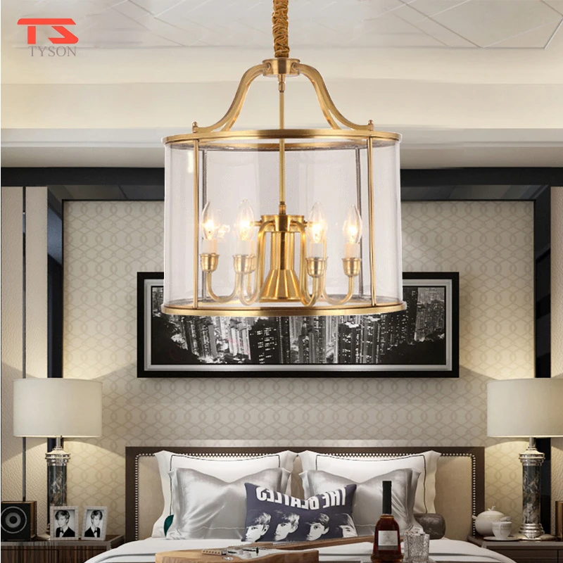 American Style Light Villa Modern Fashion Luxury Copper Color Chain Glass Pendant Lamp For Dining Room
