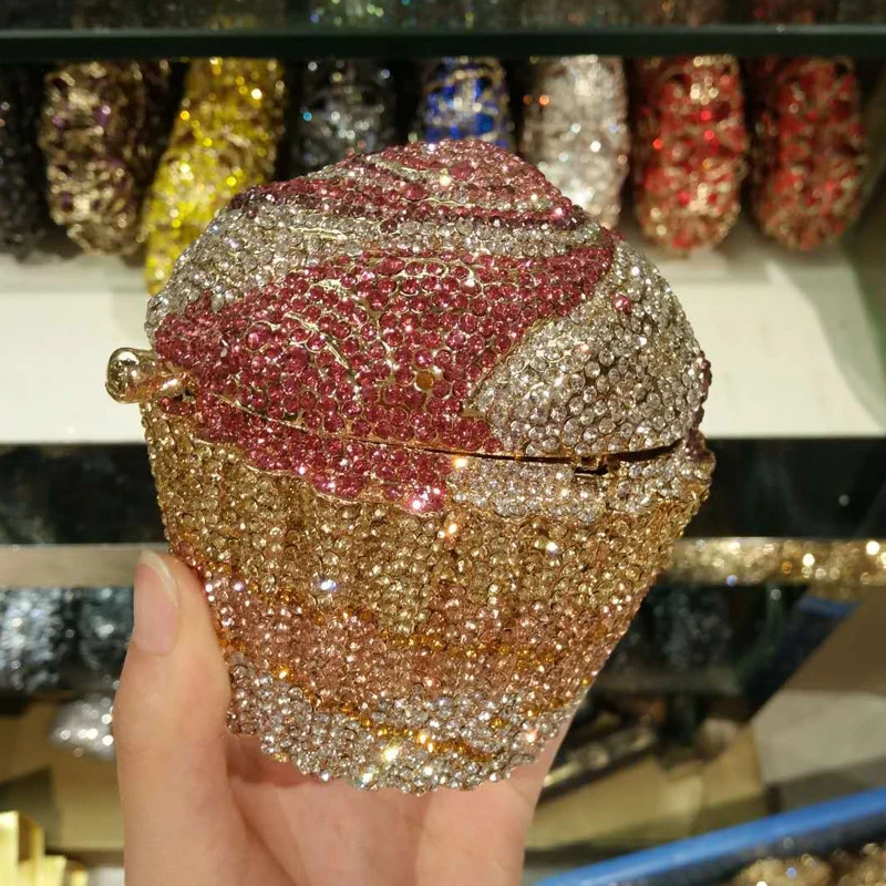 Christmas gift box wedding party bridal cupcake rhinestone sliver yellow gold evening bag bling lady clutch purse for