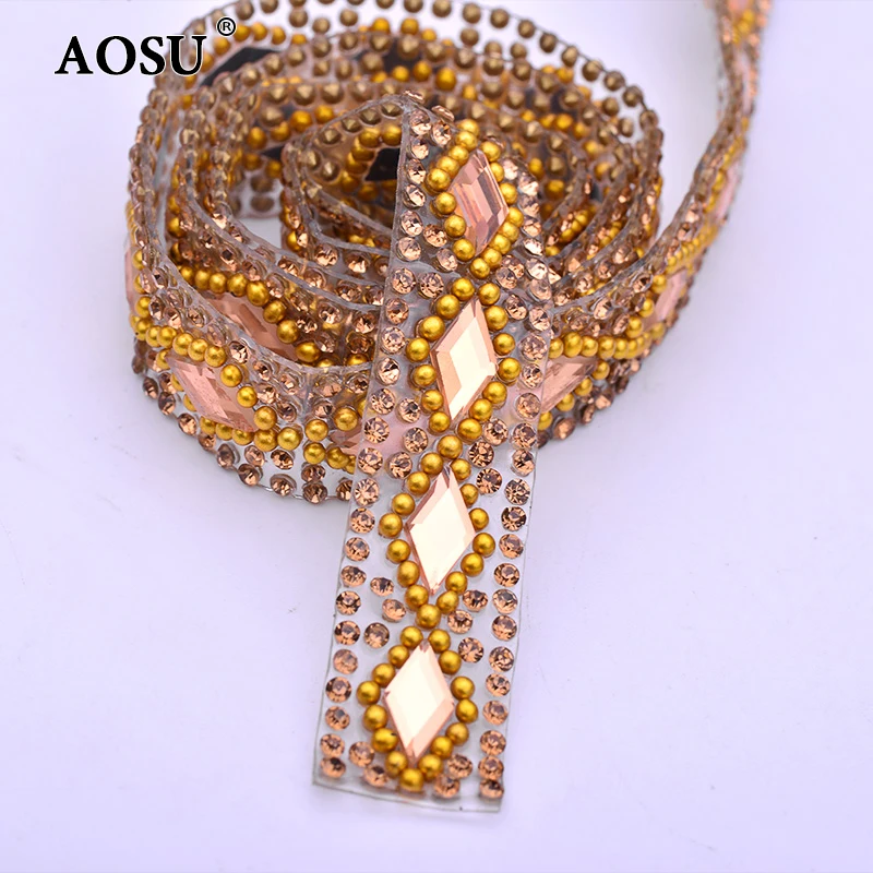 AOSU Wholesale 5 Yard*15mm Clear Color Hotfix Crystal Banding Glass Rhinestone Chain Rhinestone Trim For Dress