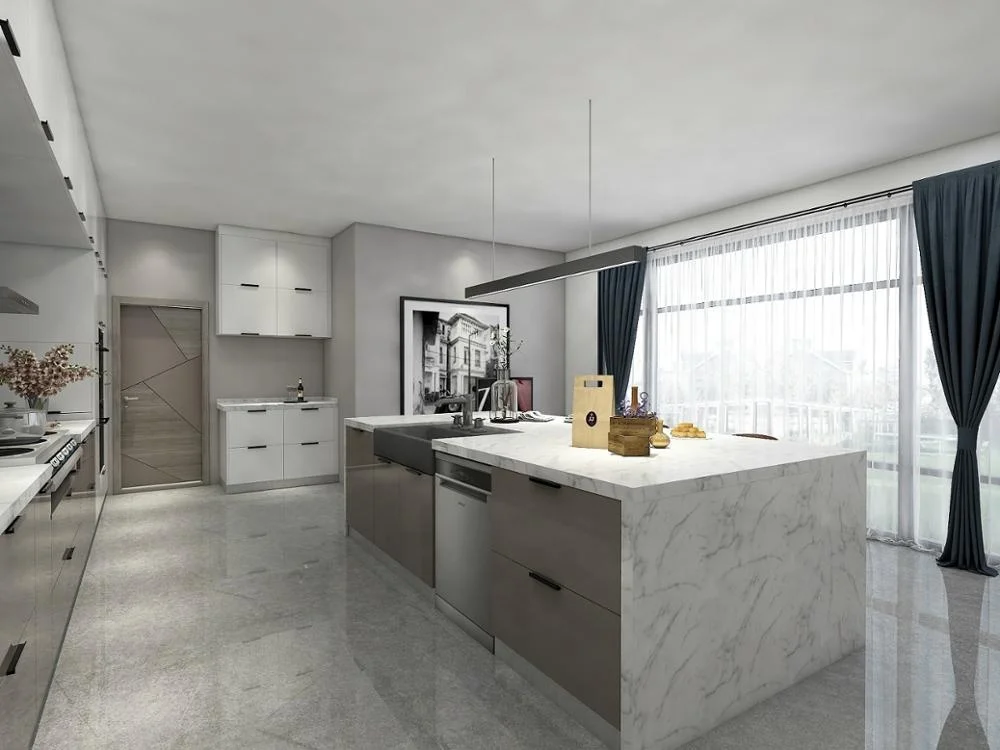 White And Grey Acrylic Kitchen With Two Tone Edge Banding Acrylic Kitchen Cabinet Door And Soft Closing Hinge & Slider