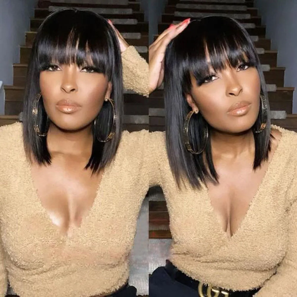 GS Wholesale Bang Bob Wig Vendor Straight Brazilian Bang Bob Wig Human Hair,Short Cut Human Hair Machine Made Bob Wigs With Bang