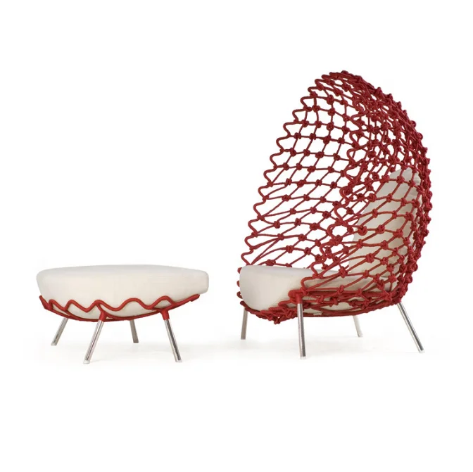 Unique New Outdoor Designer Creative Red Rope Knot Egg Chair Courtyard Balcony Personality Leisure Lounge Chair with Ottoman