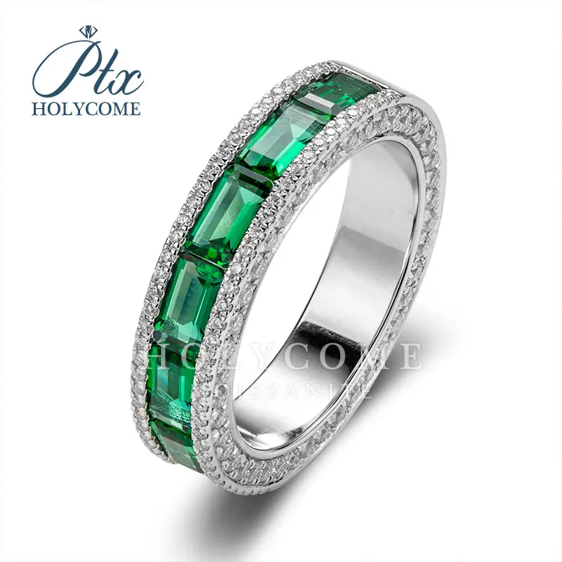 2023 Custom make  gems silver plated 18k gold GREEN  emerald cut moissanite diamond wedding ring for women Holycome