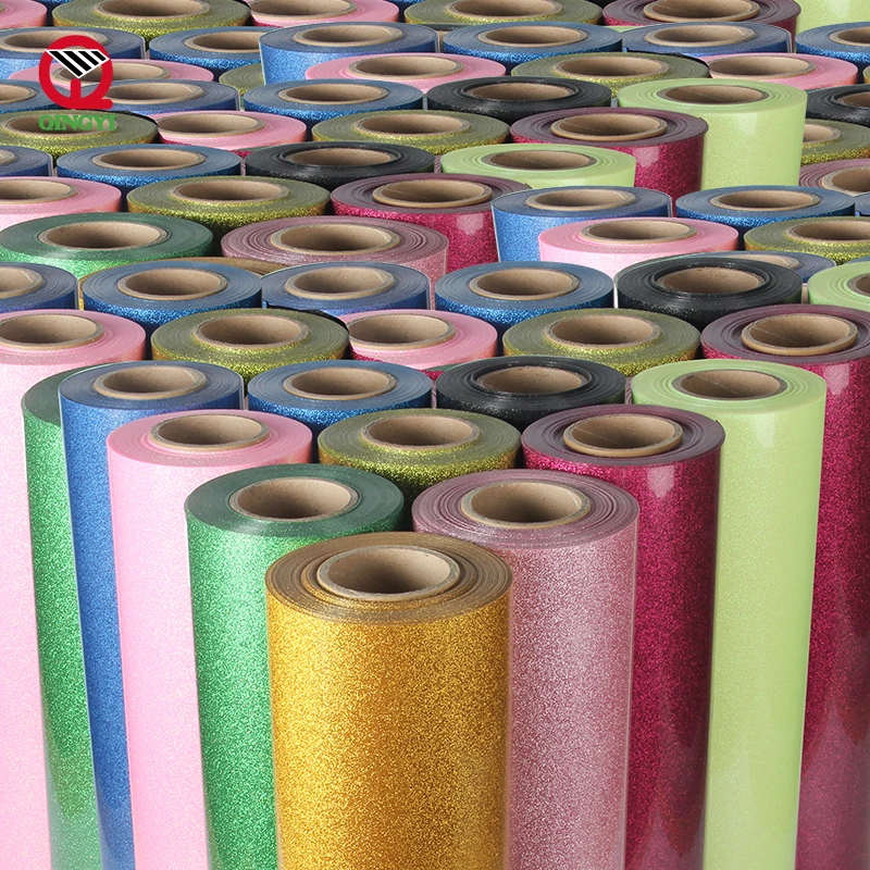 Free sample in stock design press iron on htv pu vynil rolls glitter heat transfer vinyl sheet for cricut clothing logo