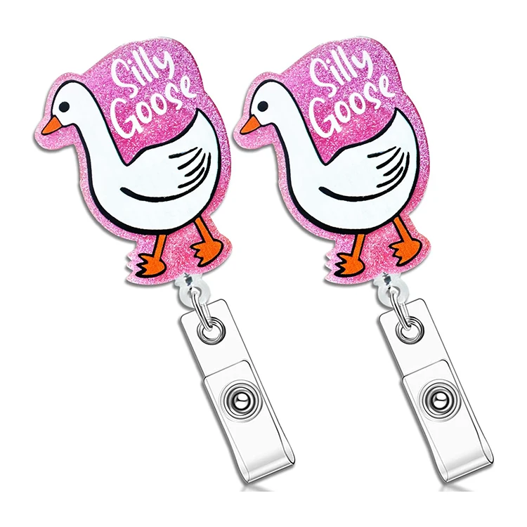 Wholesale Custom Cute Glitter Acrylic Teacher Student Name ID Badge Reel Silly Goose Retractable Nurse Accessories Badge Holder