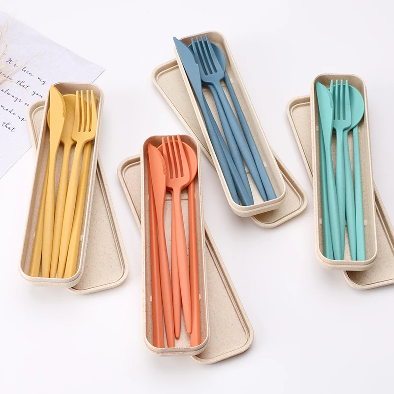 Wheat flatware spoon fork knife chopsticks set 4 PCS Wheat Straw Portable Cutlery Set wheat straw knife fork and spoon set