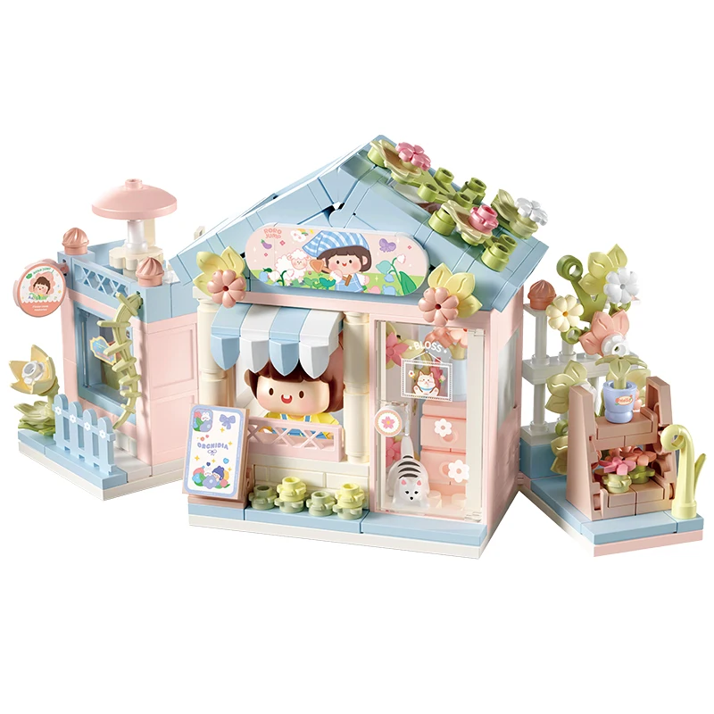FEELO S2305 Mini Flower Shop Cute Street View Building Blocks Set Series For Girls Gift With Action Figure Toy
