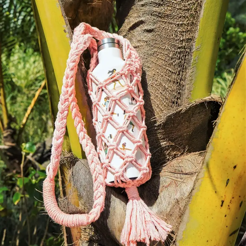 Boho Style Reusable Gift Cotton Hiking Accessory Macrame Carrier Water Bottle Holder Sling Bag
